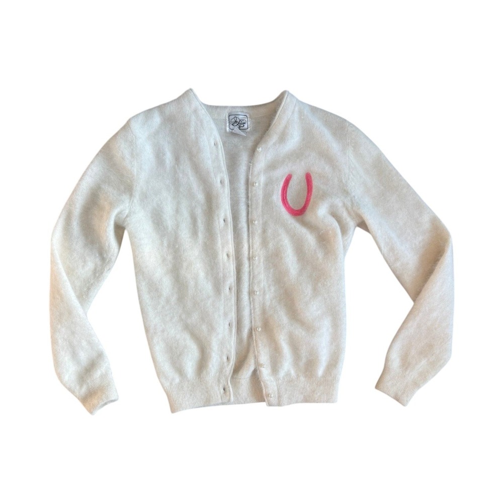 Vintage Angora Rabbit Hair Cardigan Sweater Pink Horseshoe Pearl Buttons